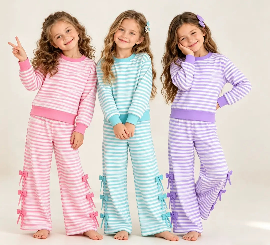Girls Striped Pullover Sweatshirt & Bowknot Bottom Pants