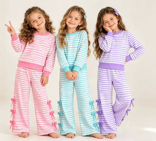 Girls Striped Pullover Sweatshirt & Bowknot Bottom Pants