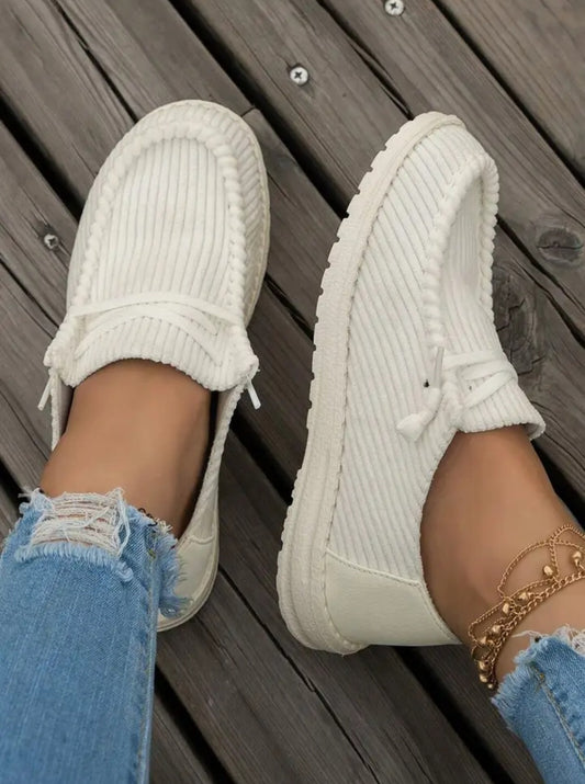 White Solid Ribbed Slip On Casual Shoes