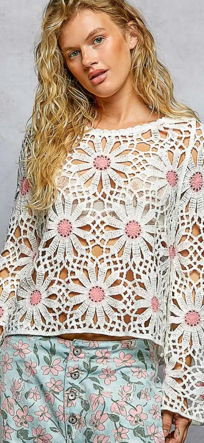 POL Floral Weave Round Neck Long Sleeve Crochet Top