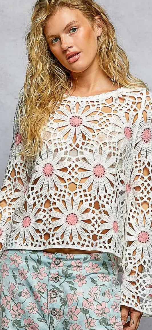 POL Floral Weave Round Neck Long Sleeve Crochet Top