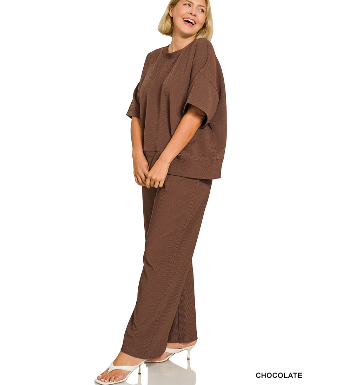 Zenana Plus ribbed round neck tee & pants set