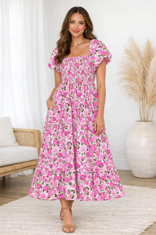 Pink Floral Puff Sleeve Maxi