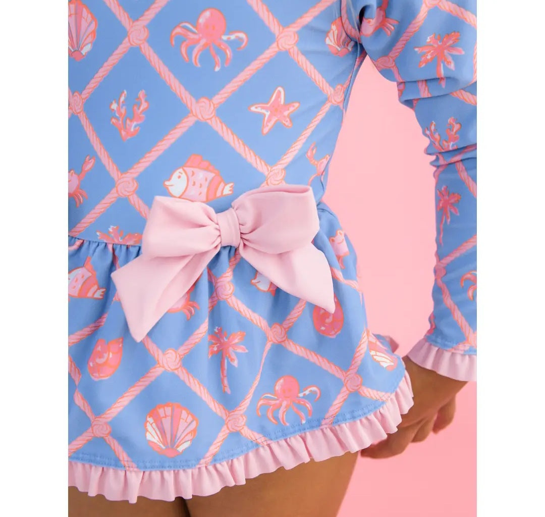Girls Tropical Trellis Long Sleeve One  Piece Bow Peplum Rash Guard Swimsuit