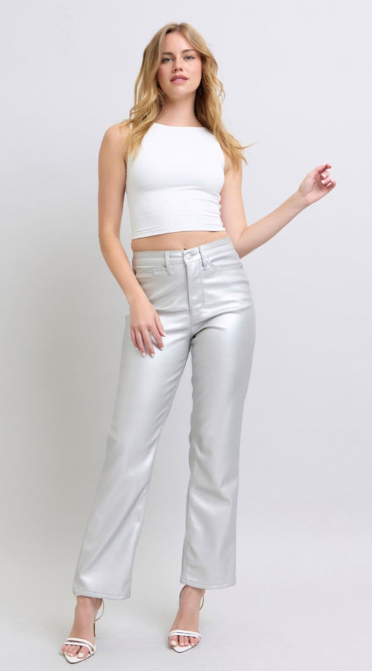 Judy Blue Tummy Control Metallic Silver Faux Leather Straight