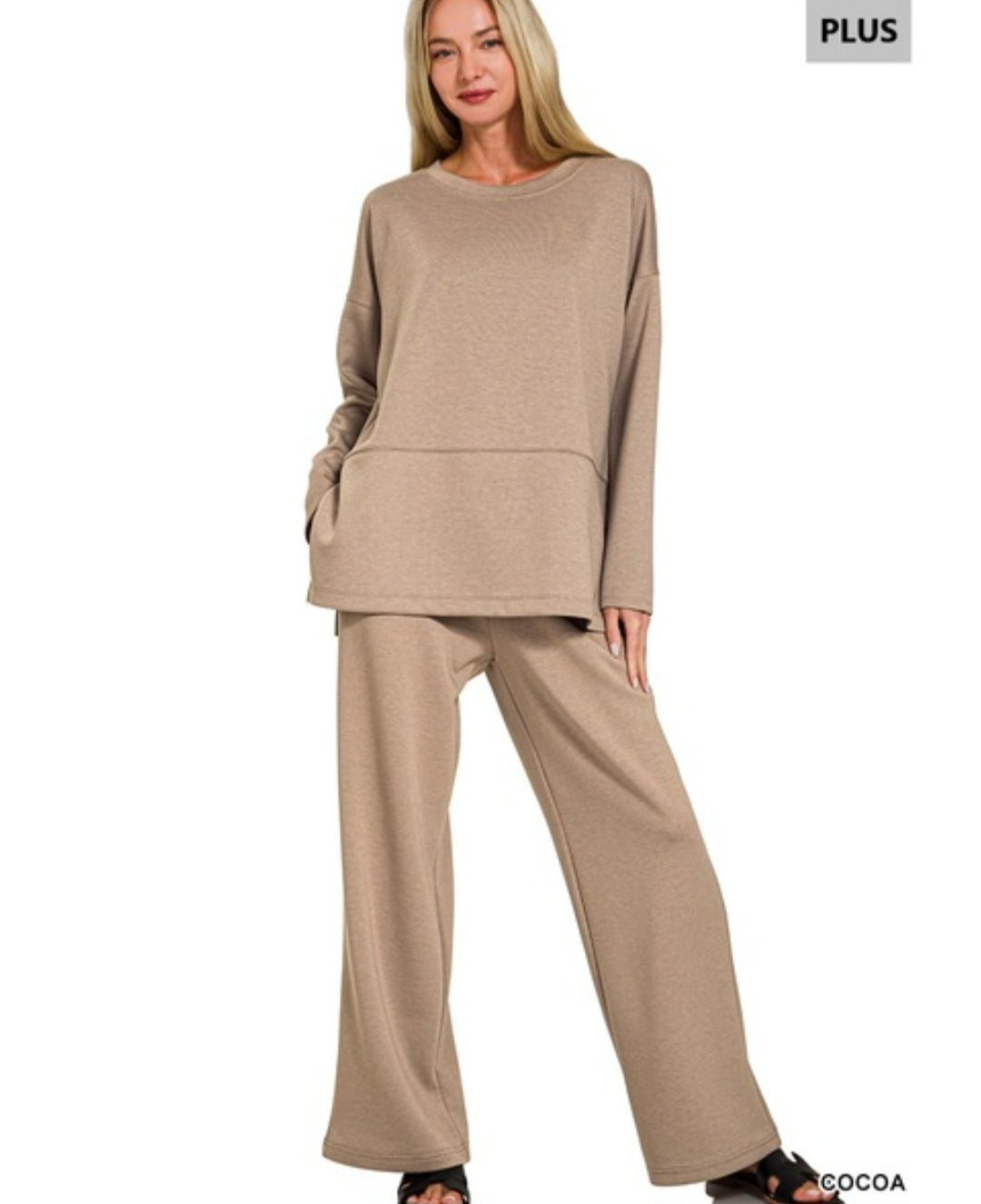 Zenana Plus scuba side slit top & pants set