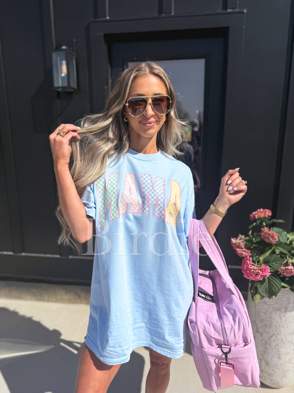 Birdie Pastel Checkered MAMA Graphic Tee on Chambray