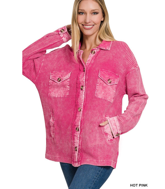 Zenana Cotton waffle acid wash oversized shacket