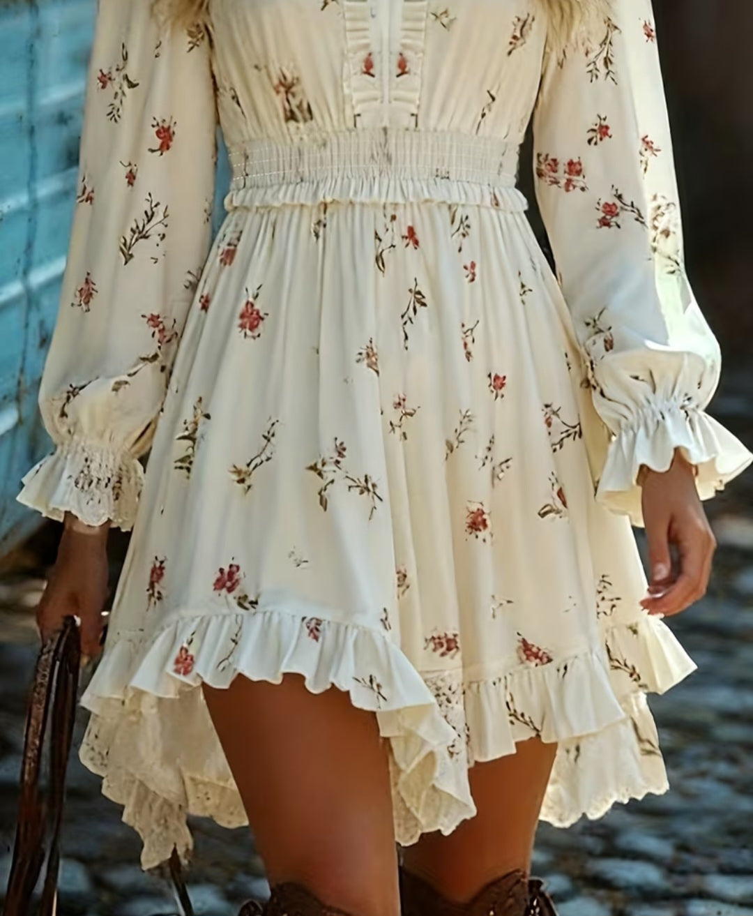 Women's Long Sleeve V Neck Floral Print Hem Dress
