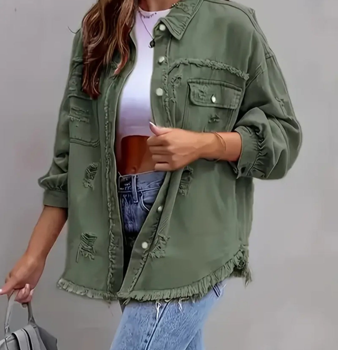 Ripped Fringe Casual Shacket with Pocket