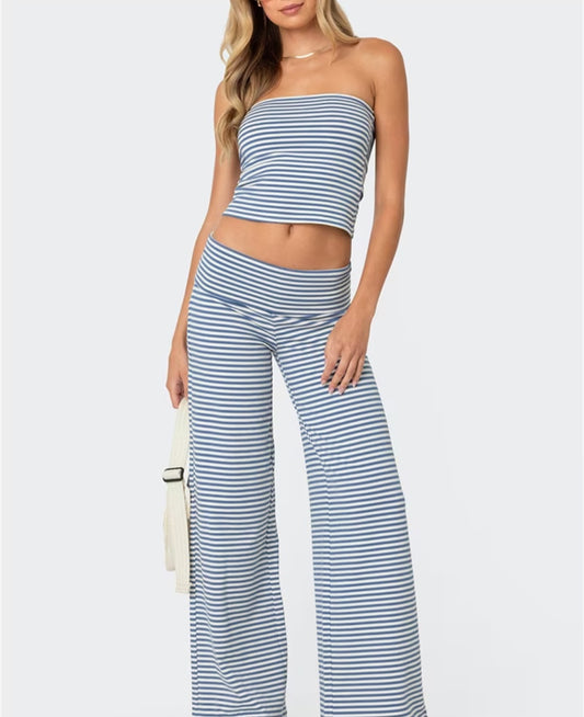 Women's Summer Stripe Outfit with Strapless Tube Top and Fold Over Waist Long Pants