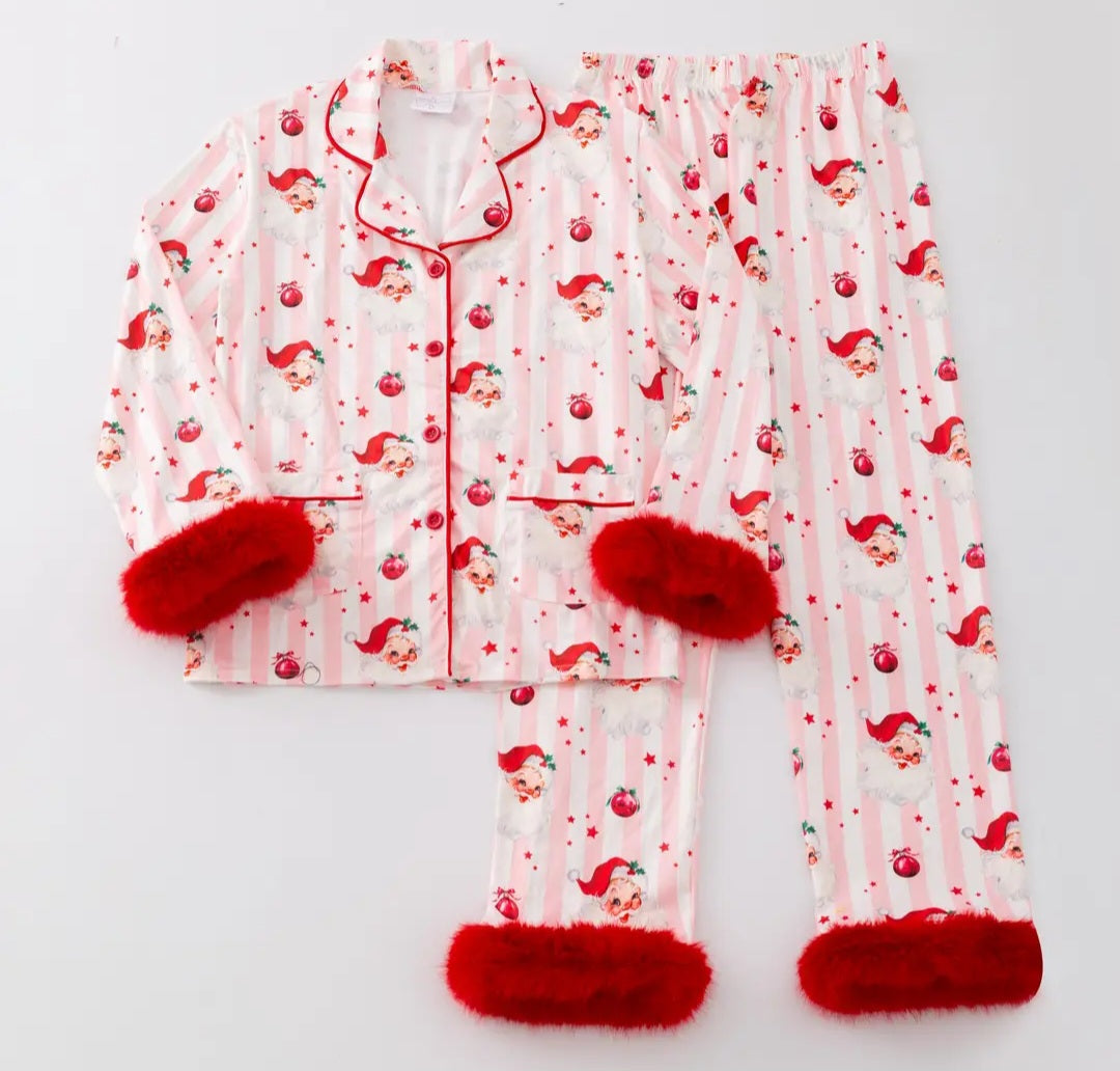 Mommy & Me Santa & Stripes Fuzzy Trim Pj's