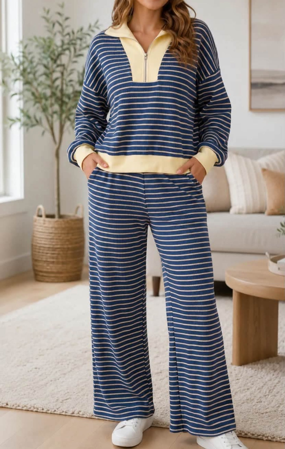 Blue Stripe V Neck Set