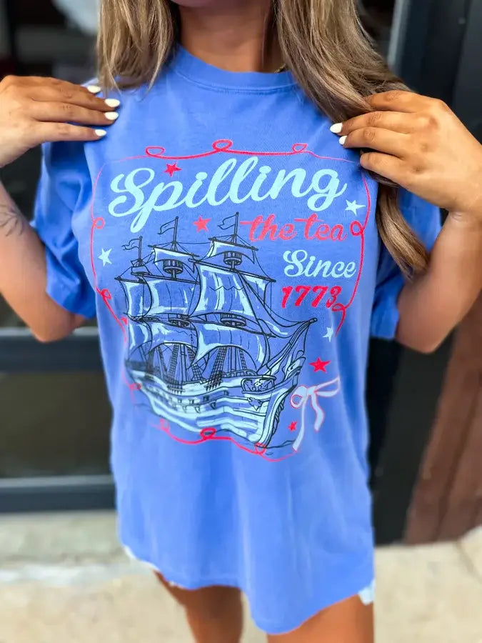 Birdie Spilling the Tea Flo Blue Graphic Tee