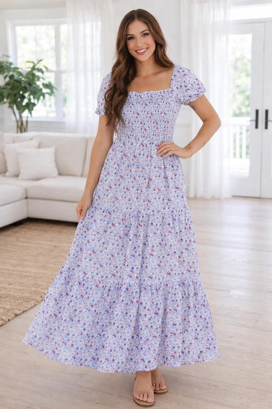 Purple Floral Shirred Maxi Dress