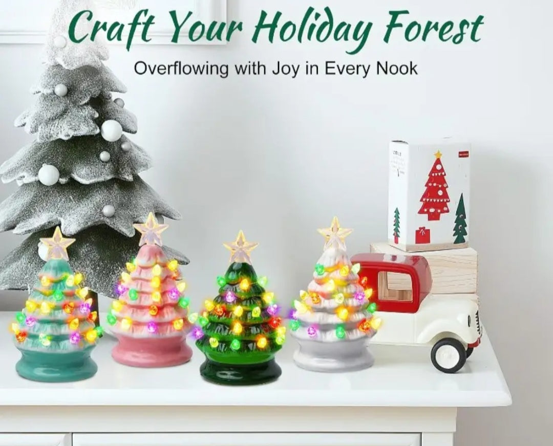 5 inch Ceramic/Mini Christmas Tree with Pre-Installed Colorful LED Lights