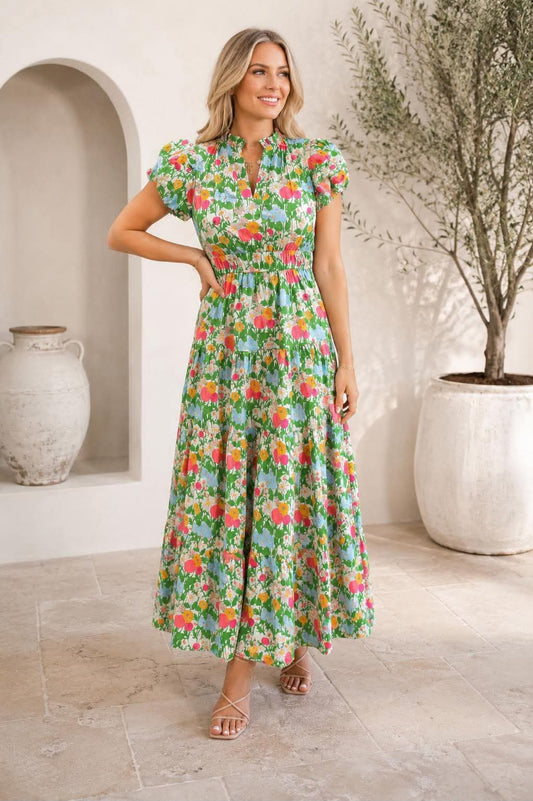 Green Floral V Neck Maxi Dress