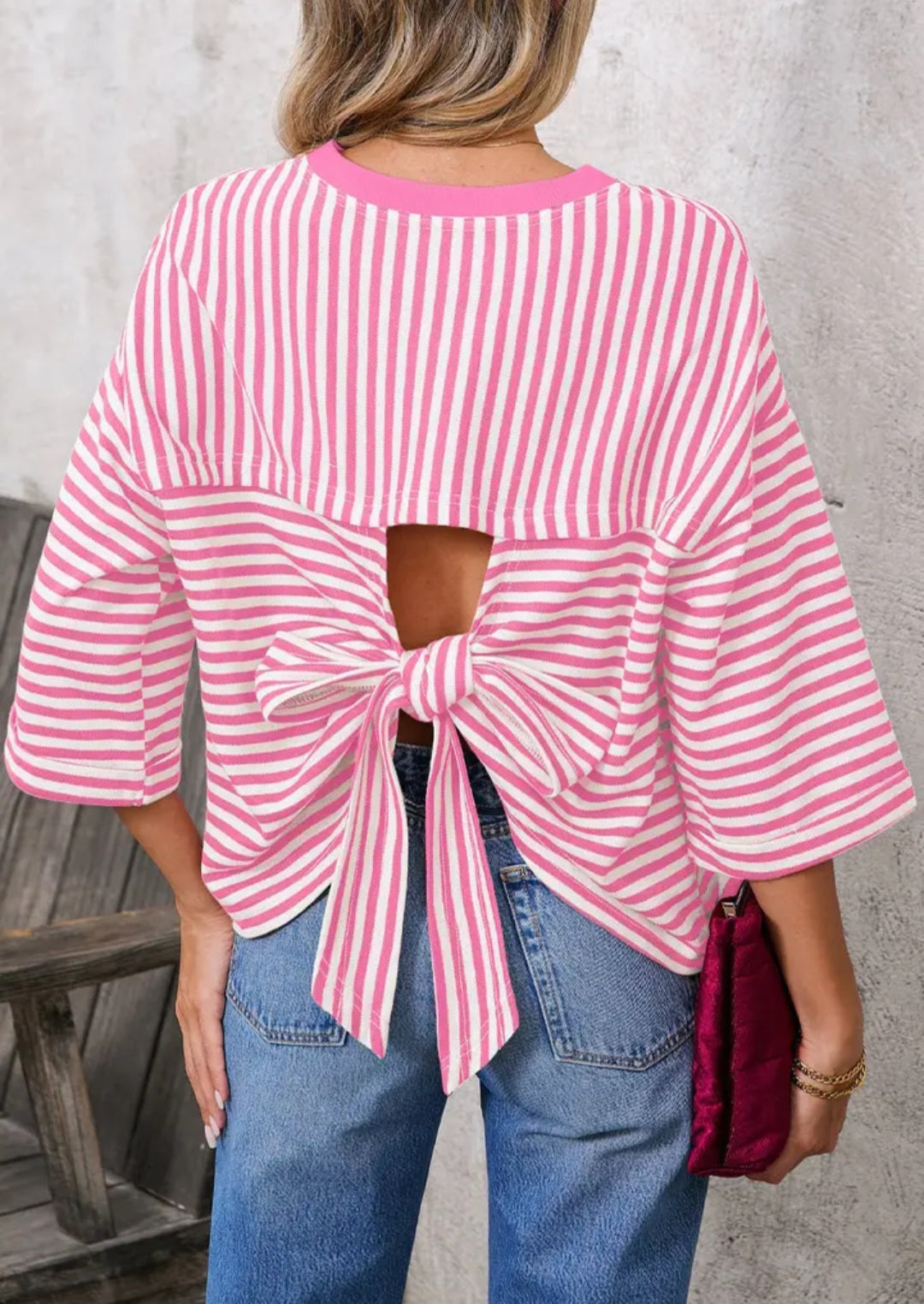 Striped Knit Crew Neck Top with Back Bow Tie Detail - Multiple Colors