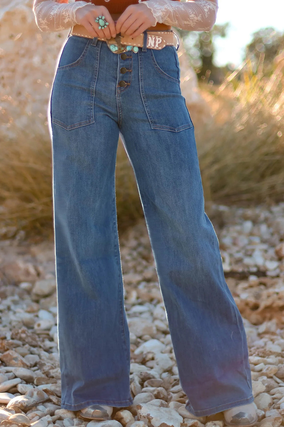 Multi Button High Waist Blue Jeans