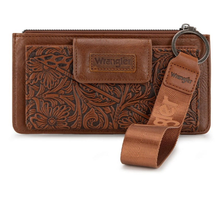 Wrangler Floral Tooled Card Wallet/Wristlet - Brown