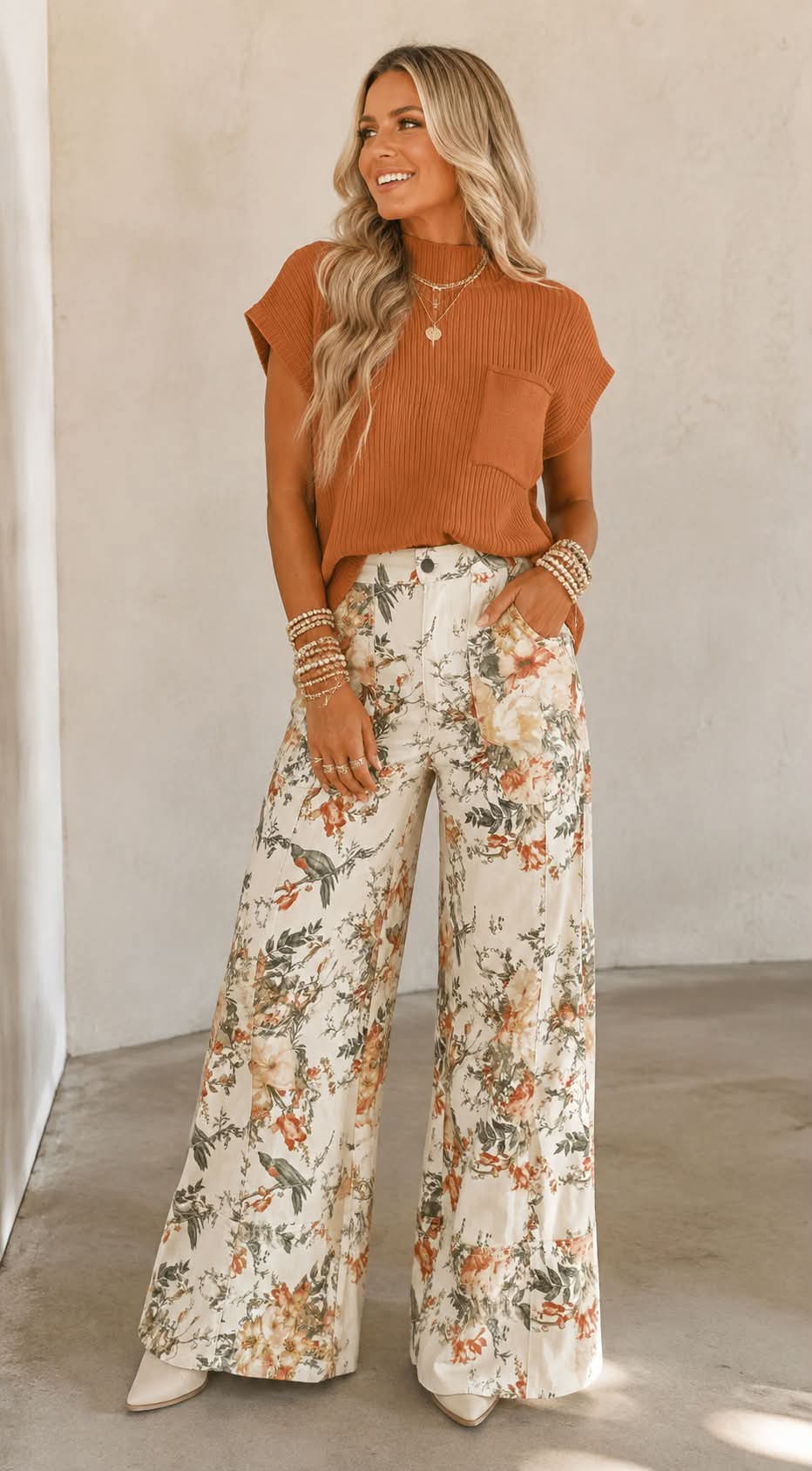 Beige Vintage Floral Jeans