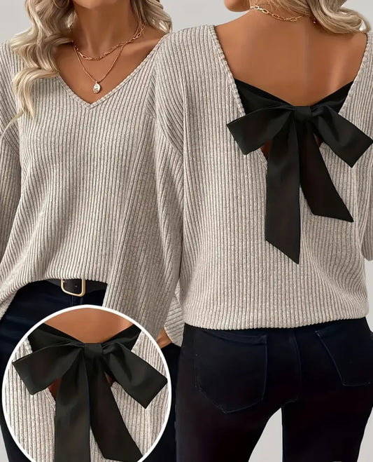 Women's Elegant V Neck Sweater with Back Bow Detail