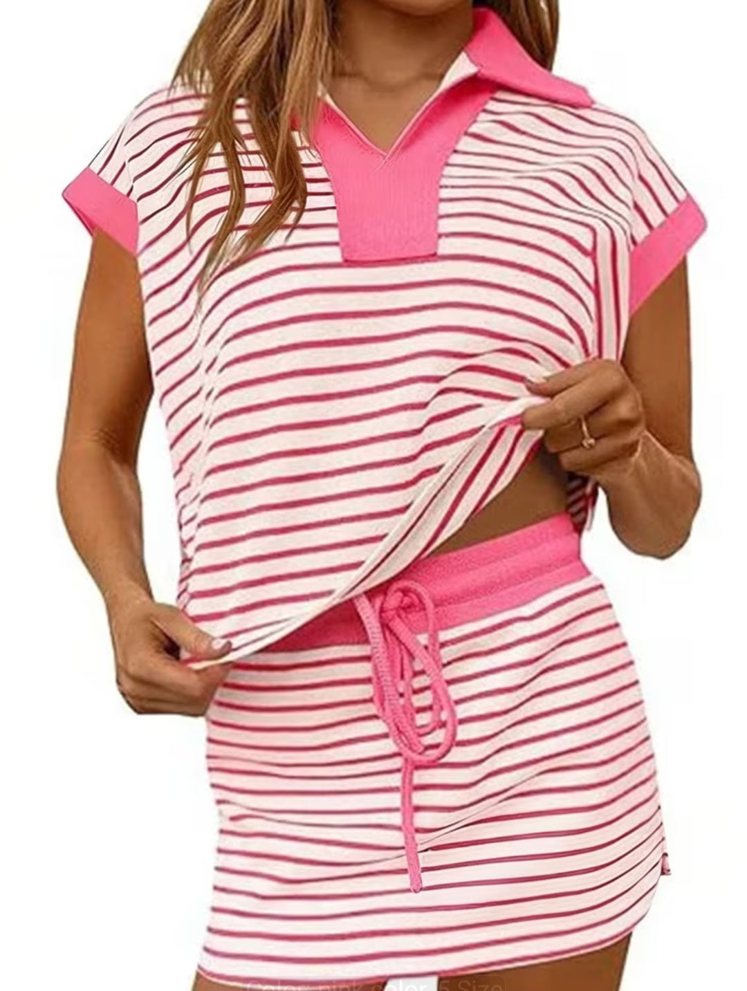Women's Two Piece V Neck Top and Drawstring Short Skirt
