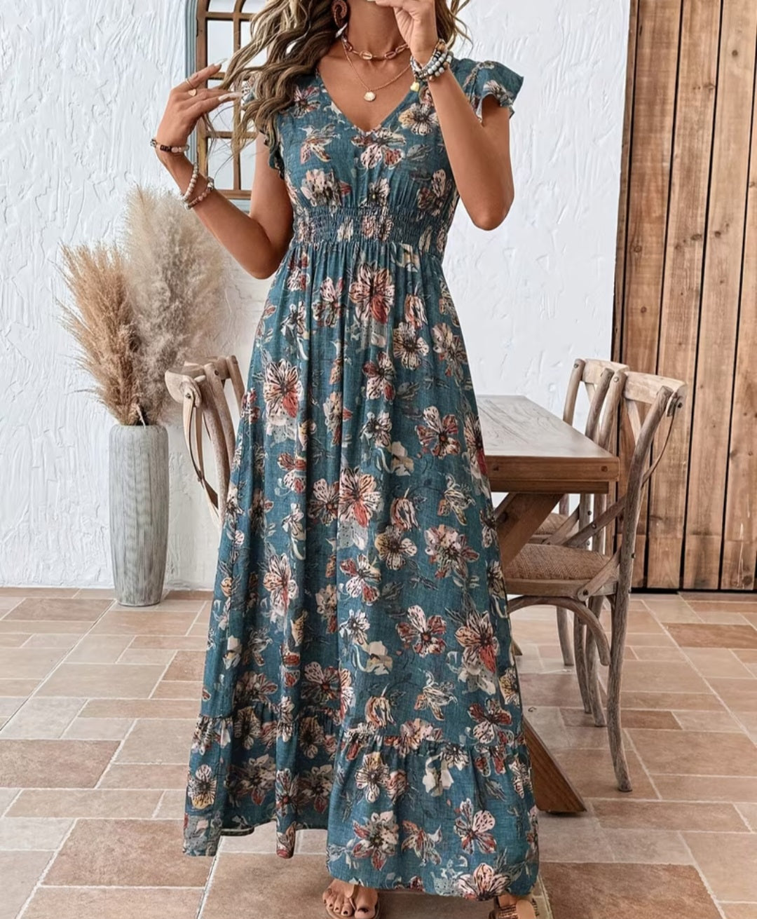 Women's Floral Print V-Neck Short Sleeve Dress