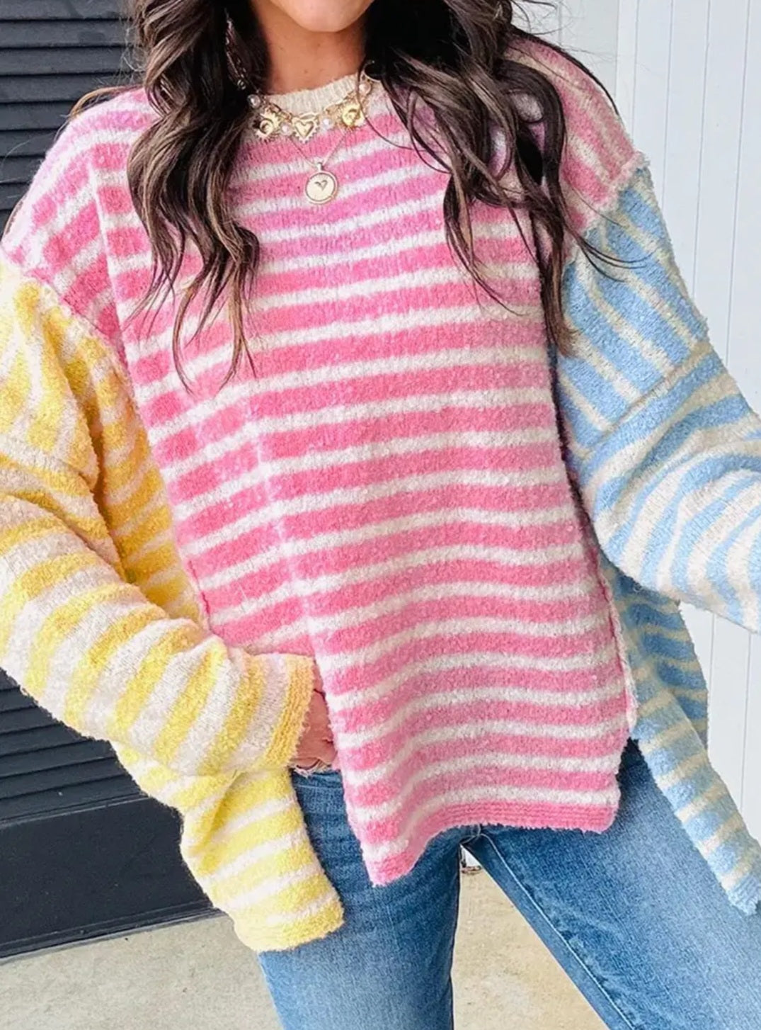Color Block Striped Patchwork Dolman Sleeve Slit Sweater