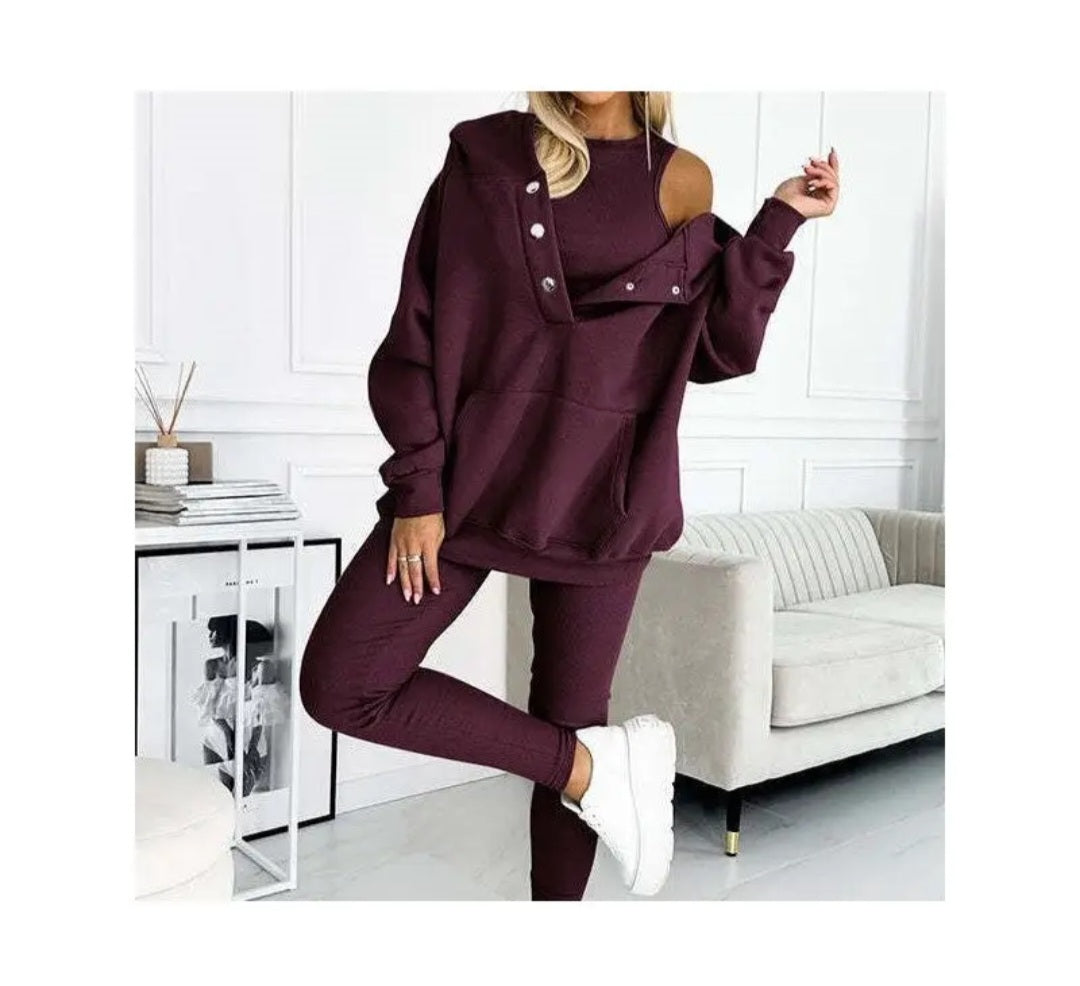 3 Piece Set- Leisure Hoodie, Thick Ribbed Vest, and Pants