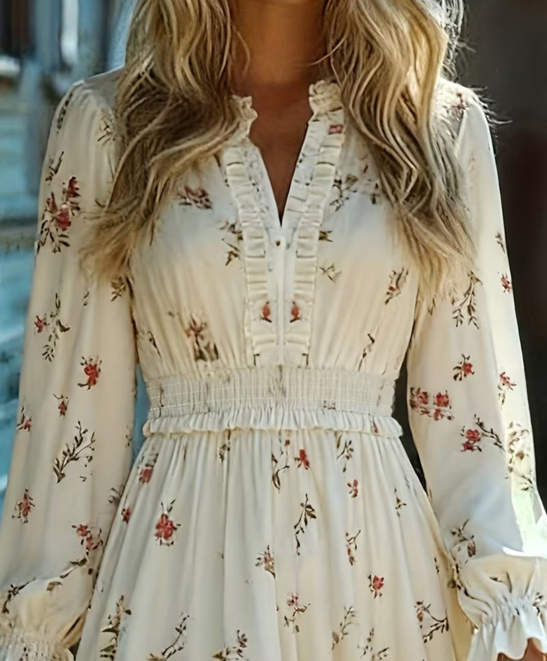 Women's Long Sleeve V Neck Floral Print Hem Dress