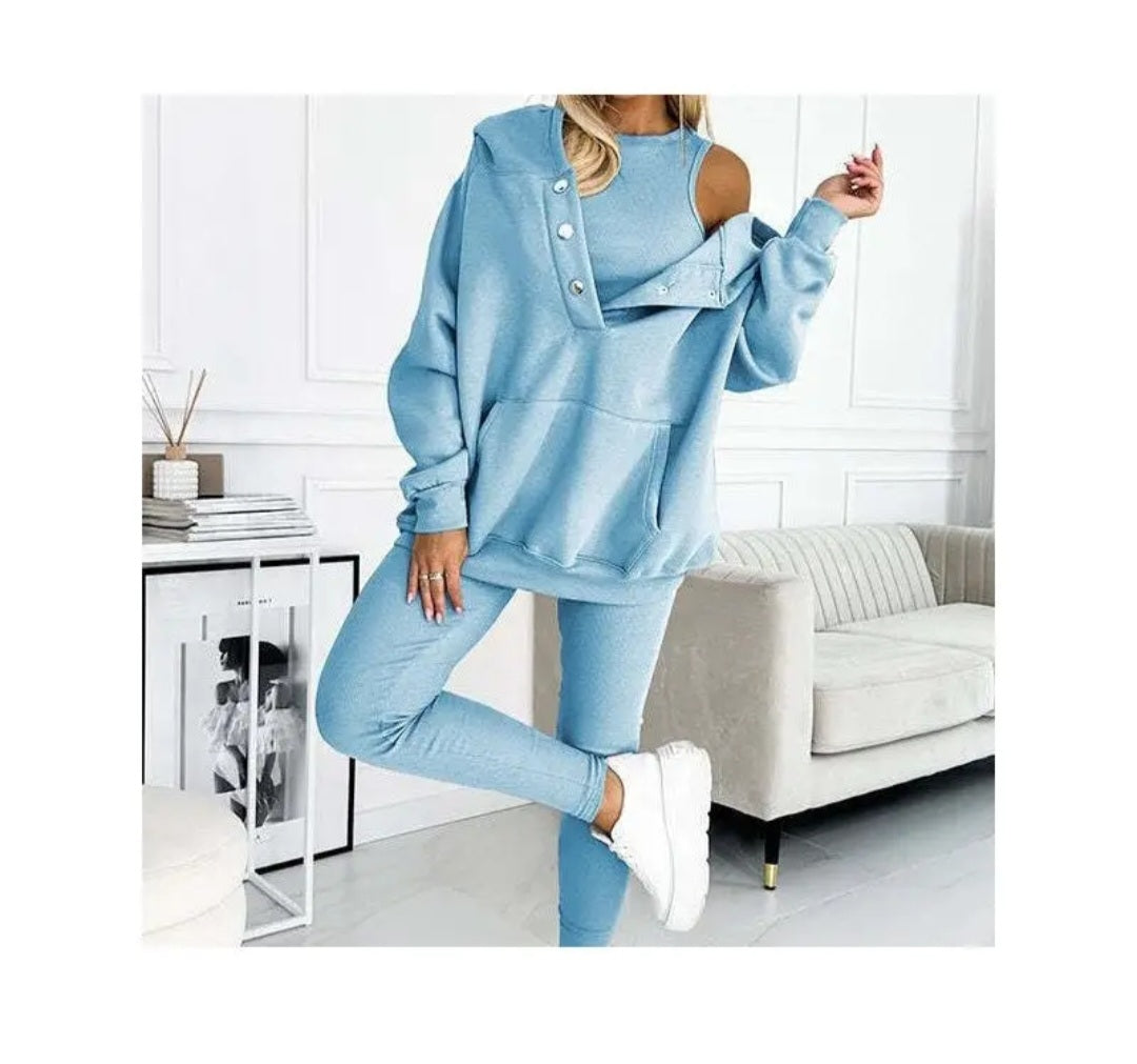 3 Piece Set- Leisure Hoodie, Thick Ribbed Vest, and Pants