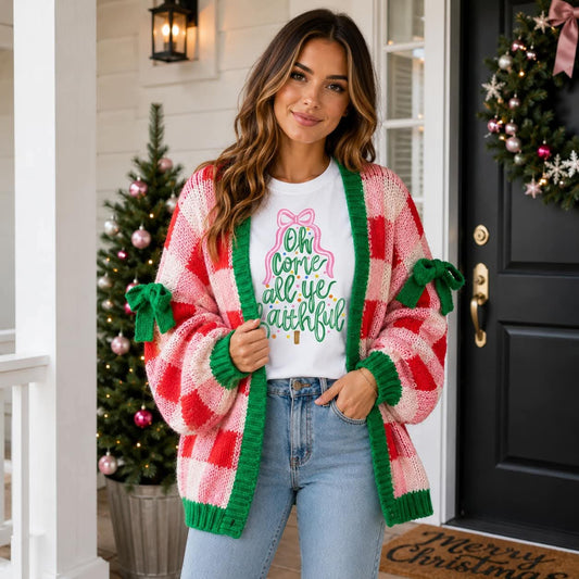 Pink Plaid Bowknot Cardigan