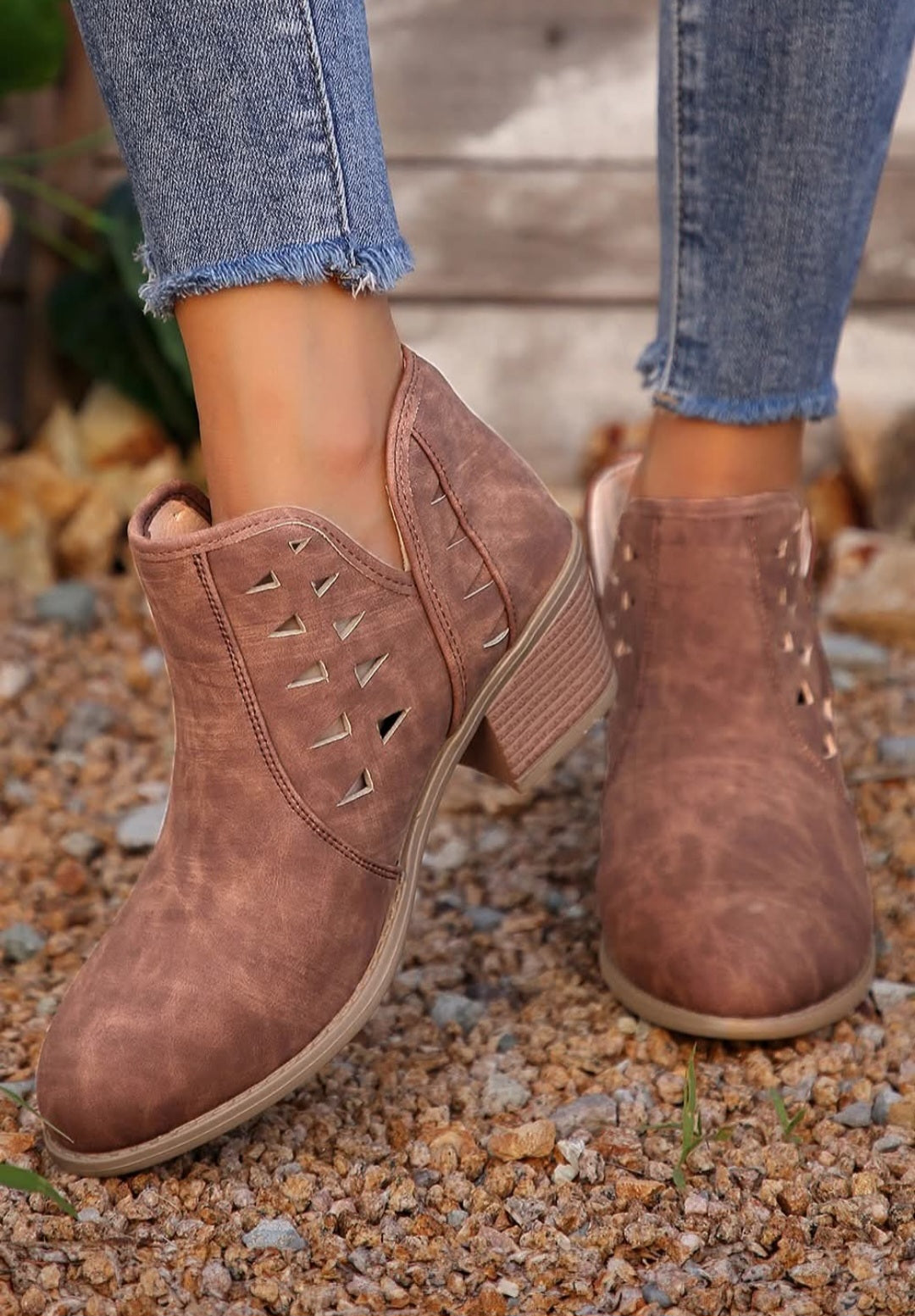 Red Sandalwood Cut Out Suede Ankle Boots
