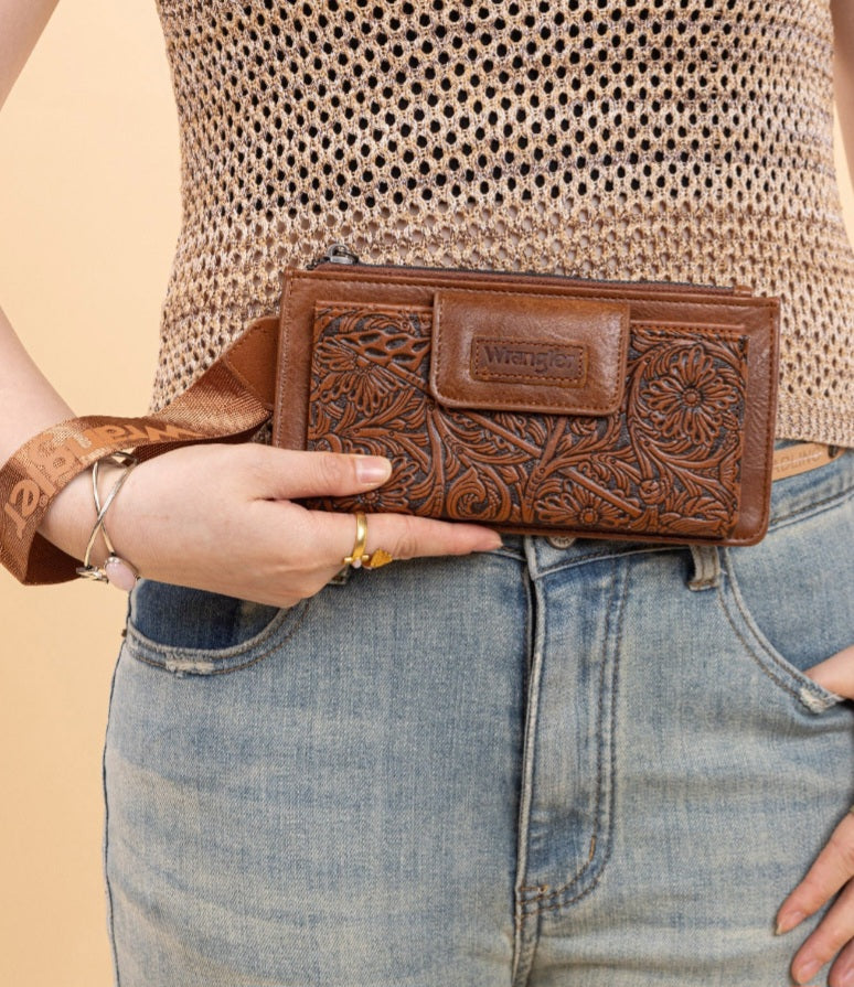 Wrangler Floral Tooled Card Wallet/Wristlet - Brown