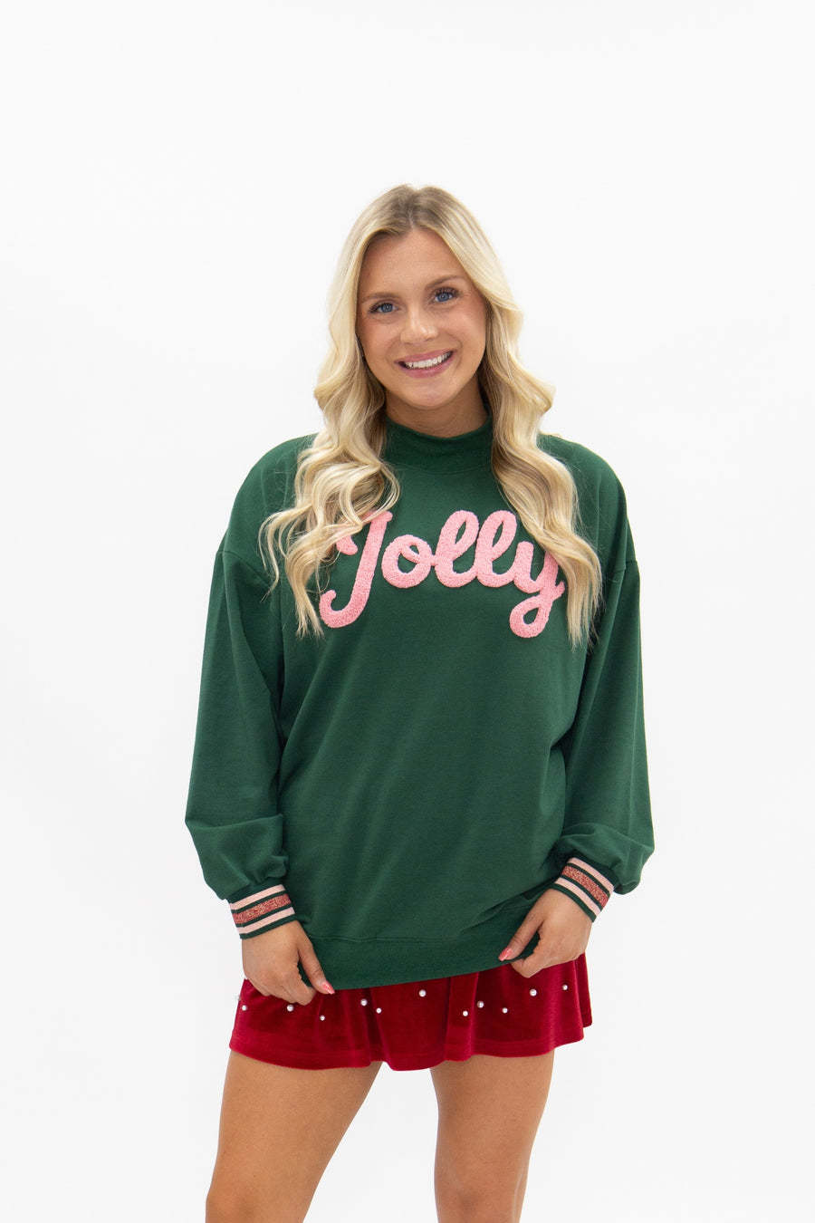 Chenille Jolly on Green Longsleeve Top with Varsity Stripe
