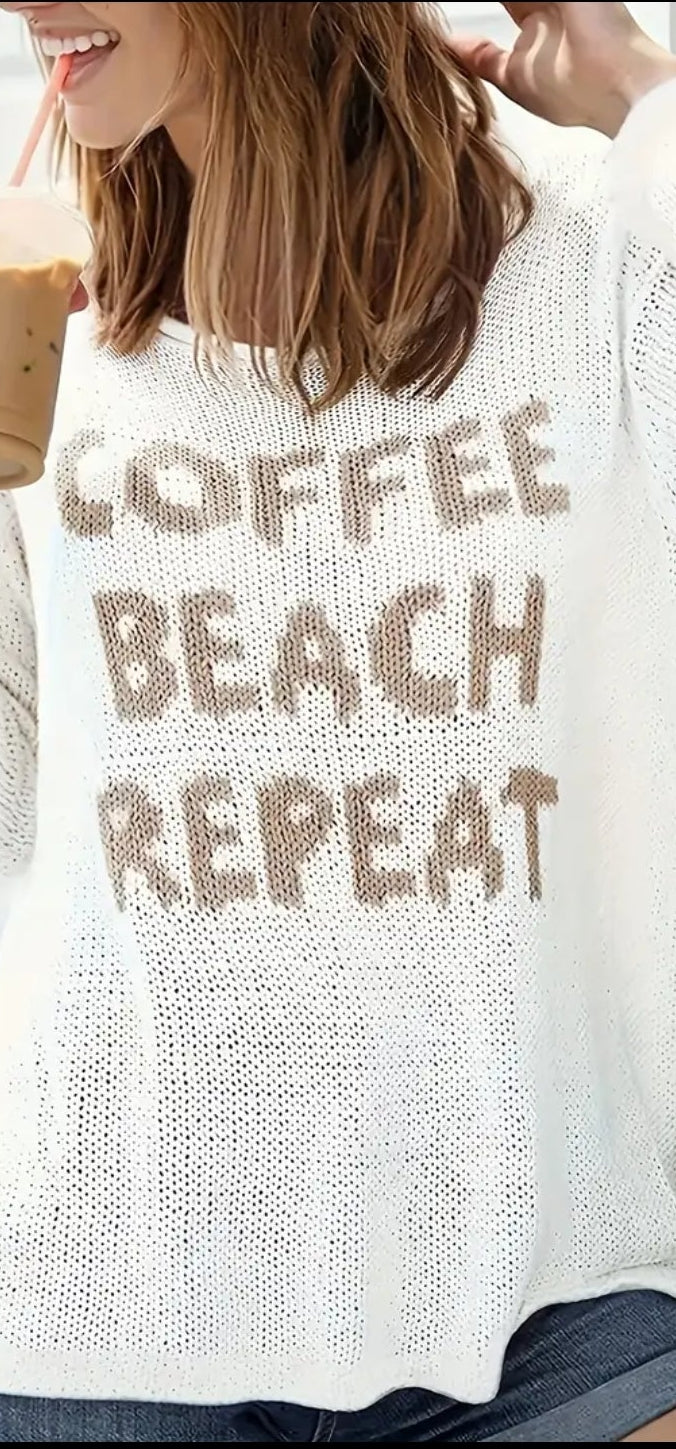 Versatile Beach-Inspired White Pullover Sweater -Coffee, Beach, Repeat