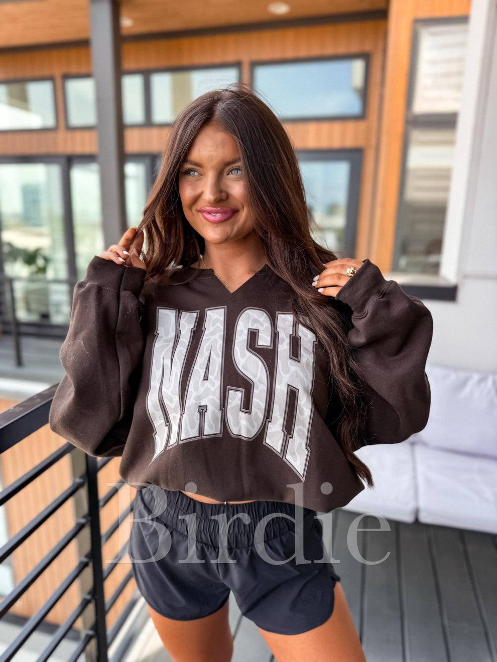 Birdie Bare Marsh Camo Nash SPLIT NECK Graphic Crewneck on Dark Chocolate