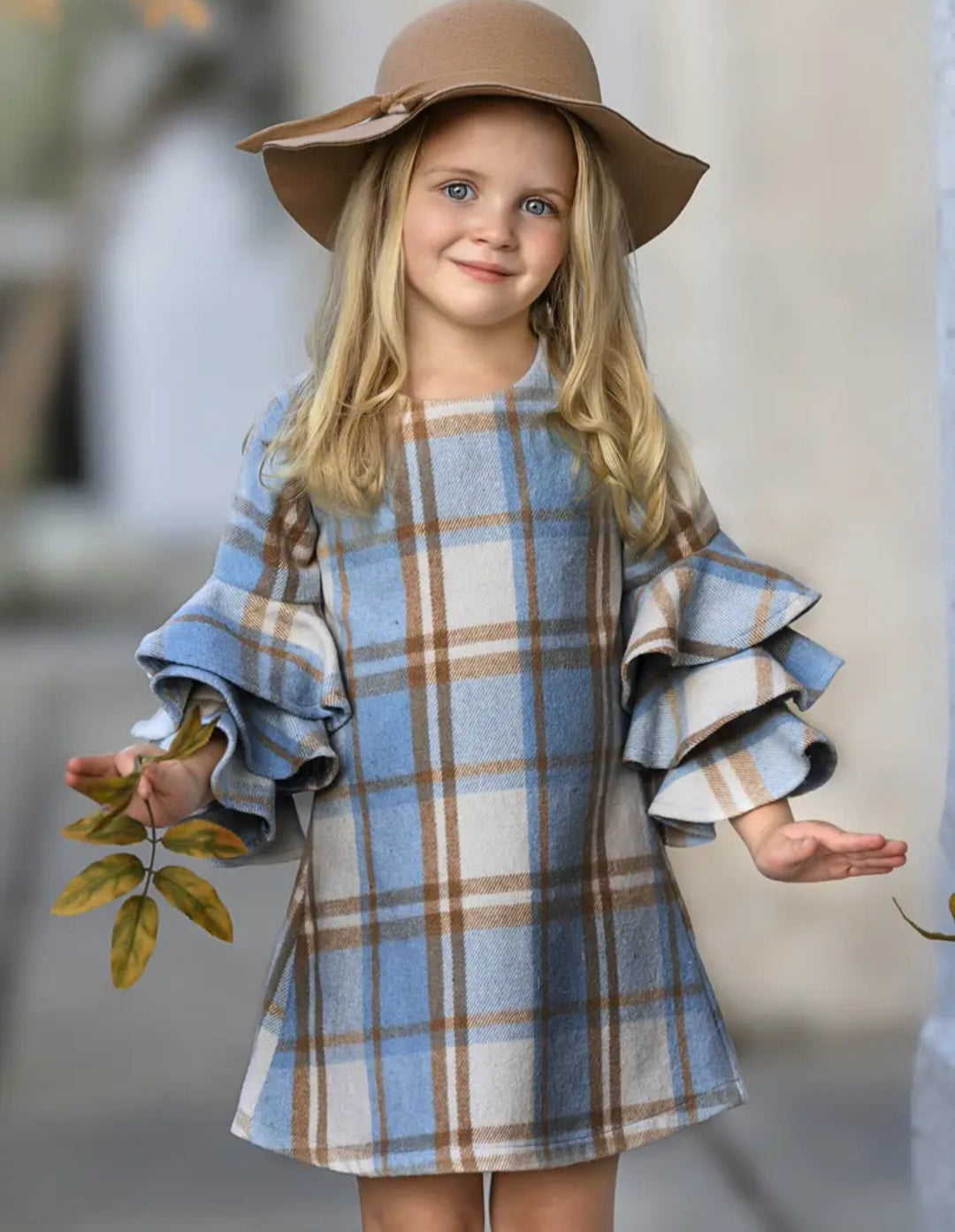 Adorable Girls Plaid Tiered Sleeve Sweater Dress