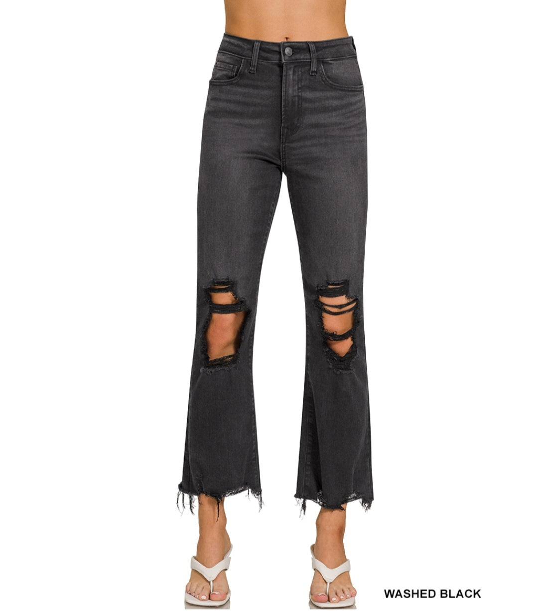 Washed distressed knee and hem pants