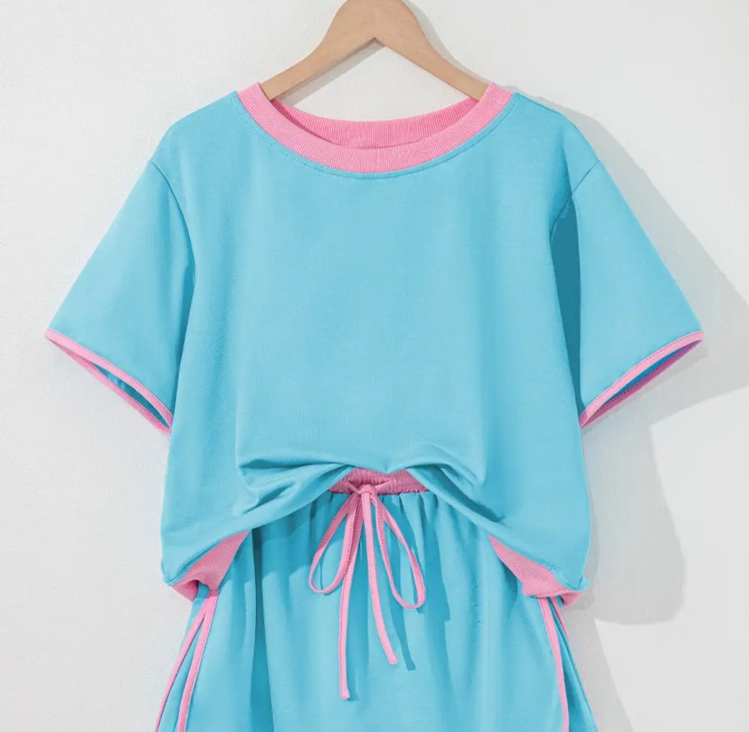 Bonbon Colorblock Edge Drop Shoulder -Turquoise/ Pink