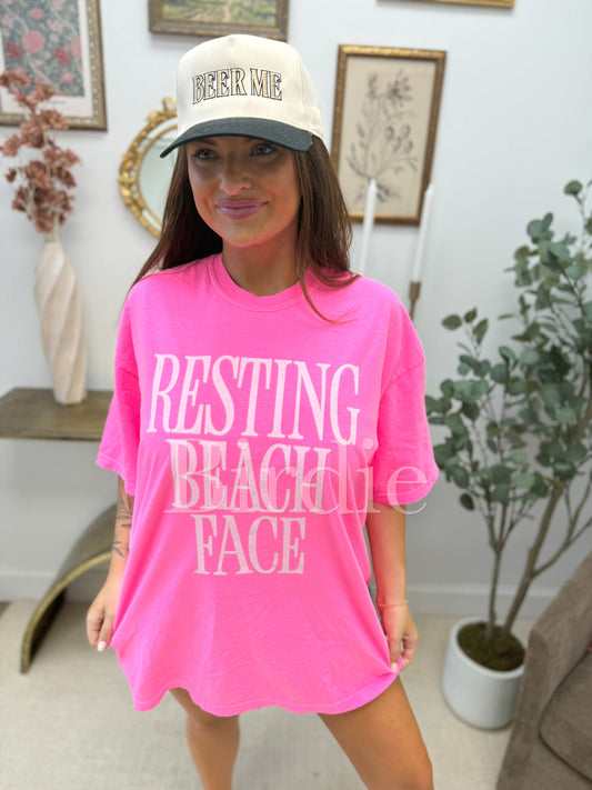 Birdie Resting Beach Face Graphic Tee on Neon Pink
