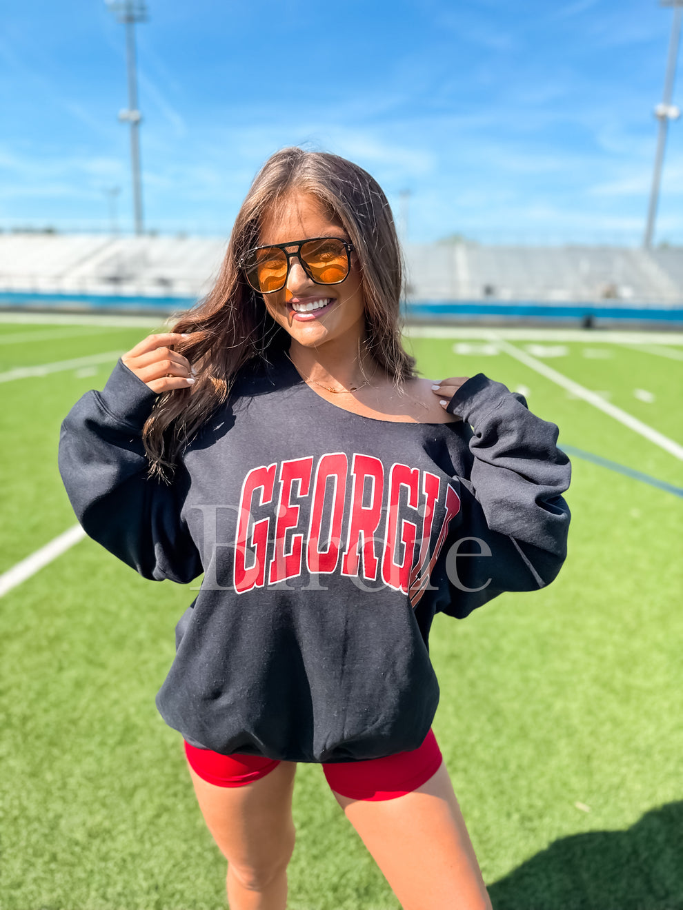 Birdie Georgia Off the Shoulder Graphic Crewneck on Black