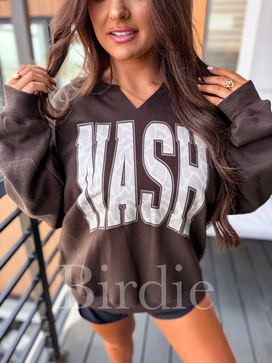 Birdie Bare Marsh Camo Nash SPLIT NECK Graphic Crewneck on Dark Chocolate