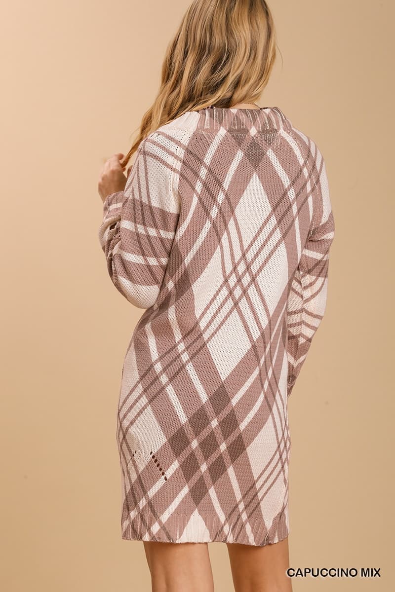 Umgee Boatneck Long Sleeve Distressed Knit Sweater Dress