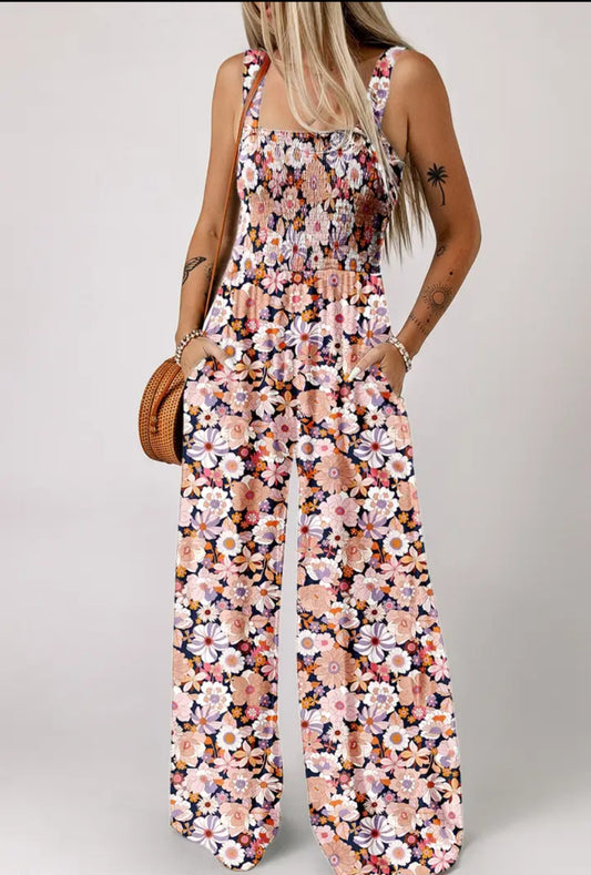 Floral Print Smocked High Waist Square Neck Jumpsuit