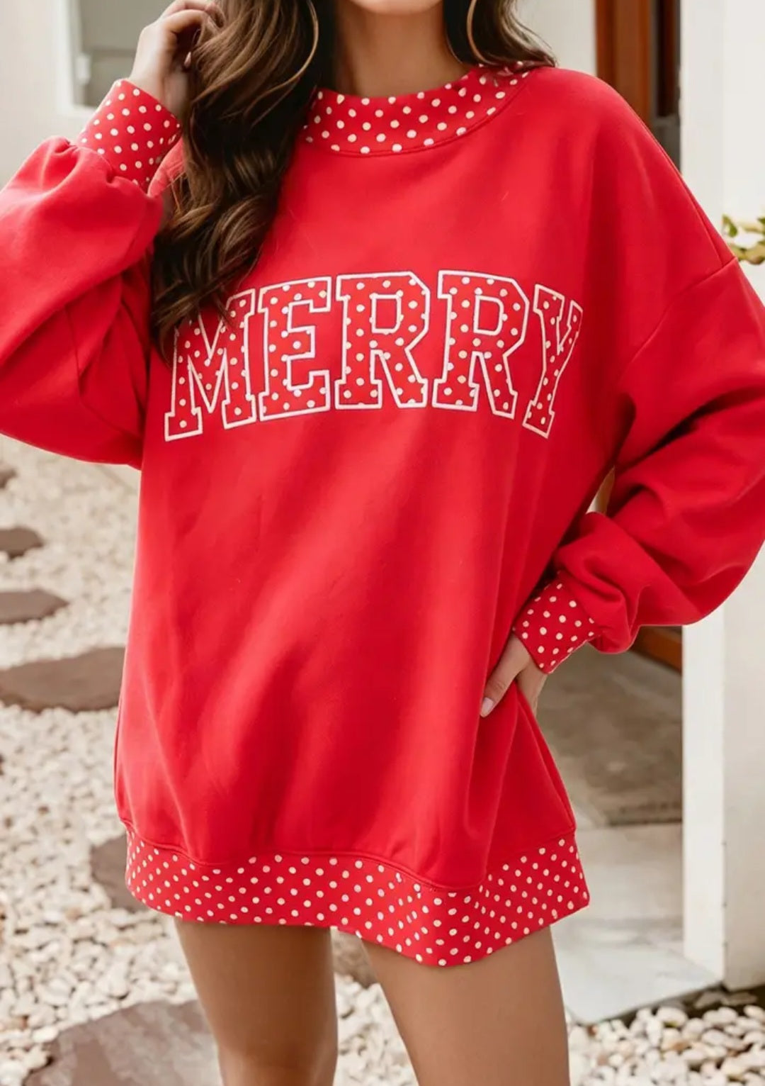 Polka Dot Contrast Holiday Mock Neck Sweatshirt