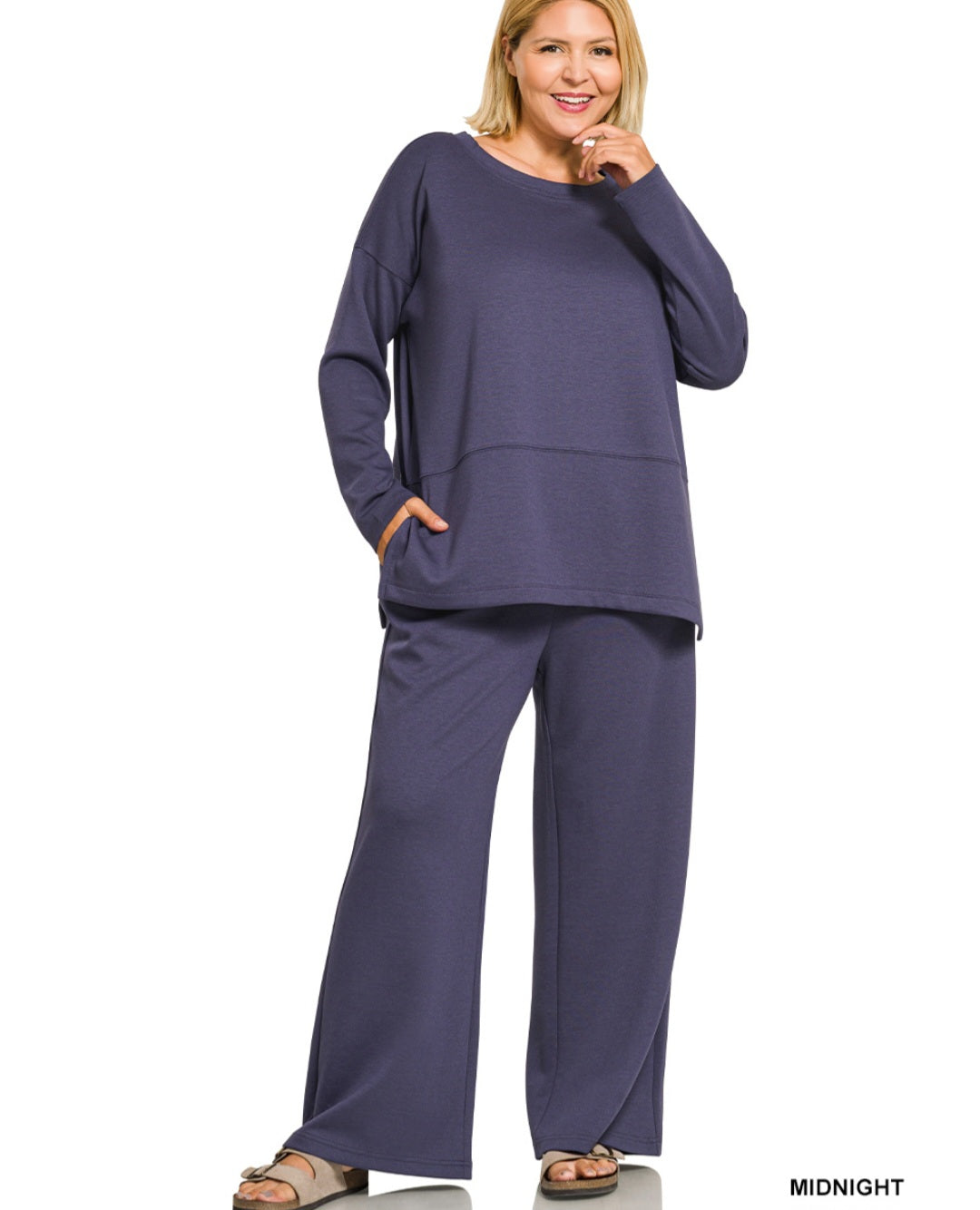 Zenana Plus Size Scuba Side Slit Top and Pants Set