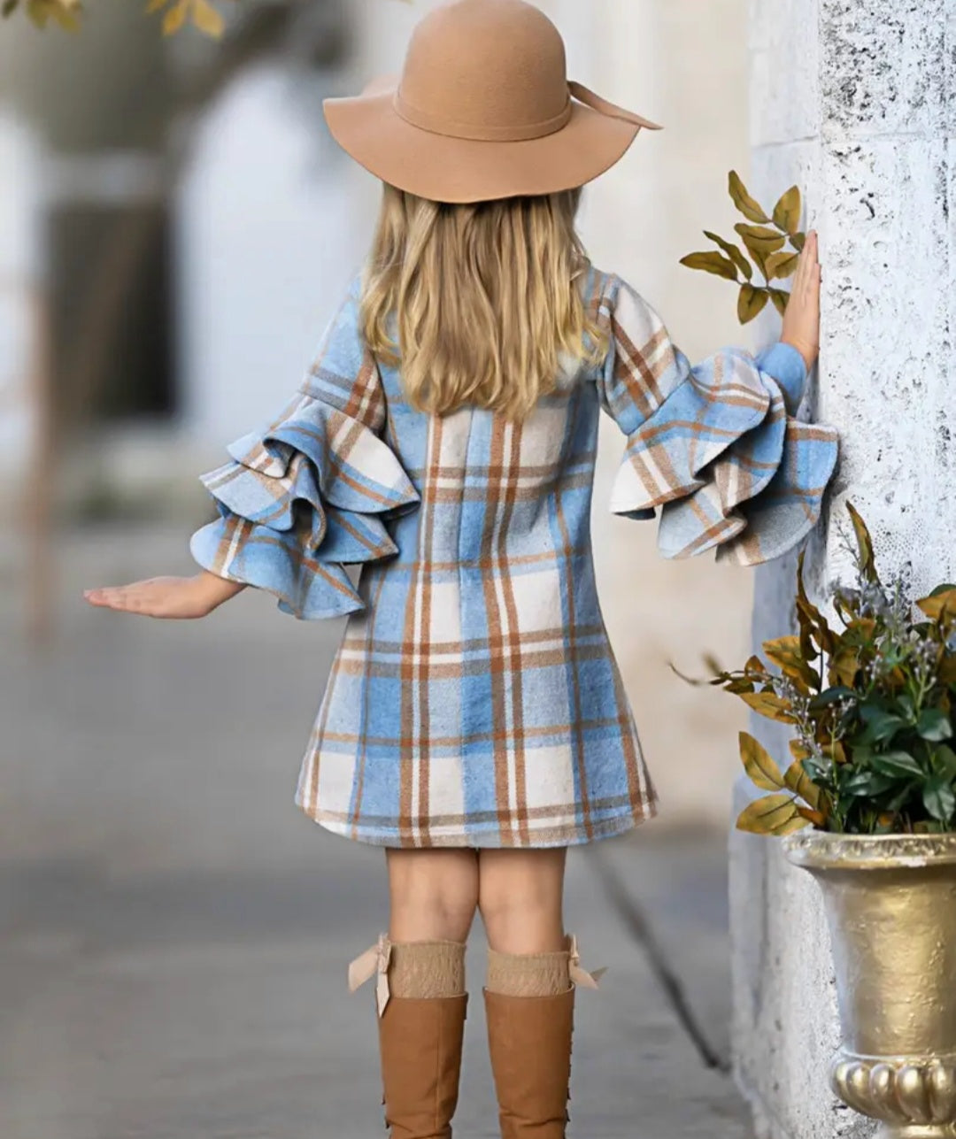 Adorable Girls Plaid Tiered Sleeve Sweater Dress