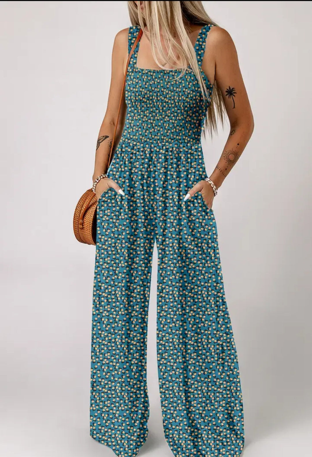 Floral Print Smocked High Waist Square Neck Jumpsuit
